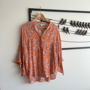 Counterparts Orange Floral Blouse Womens Split Neck Flutter Sleeve Boho L